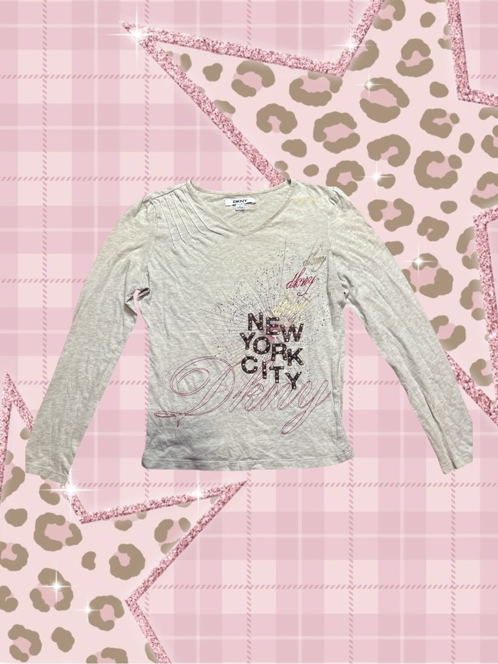 DKNY Vintage Style NYC Glitter Graphic Long Sleeve Top XS